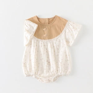 Floral baby bodysuit with rabbit prints and strawberry buttons on beige cotton fabric