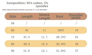 Detailed size chart for baby cotton romper showing measurements and fabric composition