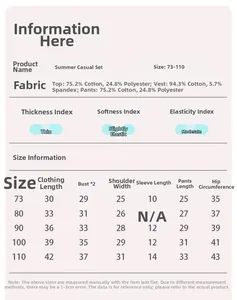Guide des tailles pour ensemble garçon en denim avec mesures et détails du tissu en coton