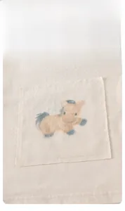 Close-up of baby tank top collar with brown trim and colorful pony pocket detail