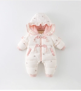 Detail of baby winter jumpsuit with floral pattern, ruffles, and thermal lining