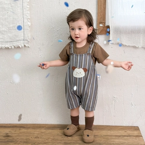 Infant striped overall set with brown t-shirt and cute puppy embroidery in cotton