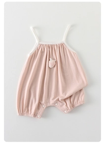 Close-up of pink baby bodysuit featuring a 3D strawberry detail and white snap buttons