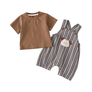Summer baby boy stripe romper suit with brown short sleeve t-shirt and cartoon puppy patch