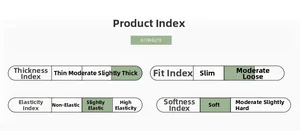 Detailed size and material chart showing thickness, elasticity, and softness indices