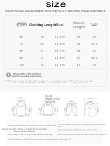 Size chart for baby winter romper including length, chest, sleeve, and shoulder measurements