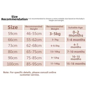 Size recommendation chart for baby winter romper covering heights 59cm to 100cm