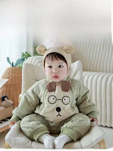 Quilted baby romper set with bear ear hat in light green for autumn and winter warmth
