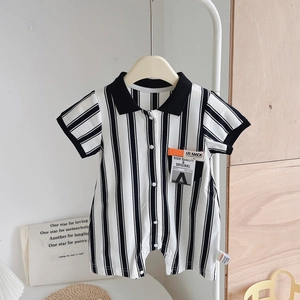 Baby Boy Summer Cotton Romper Black White Vertical Stripe Polo Collar Short Sleeve Jumpsuit Casual Infant Crawling Outfit