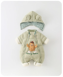Detail of baby winter jumpsuit with double zipper, green plaid lining and peanut embroidery