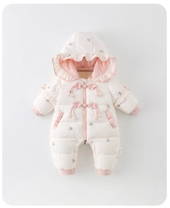 Detail of baby winter jumpsuit featuring floral pattern and pink floral toggle buttons