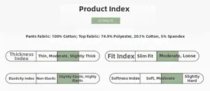 Detailed material specifications for baby set showing 100% cotton fabric and fit indicators