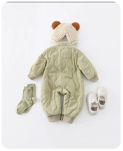 Olive green quilted baby romper set with matching hat socks and white shoes