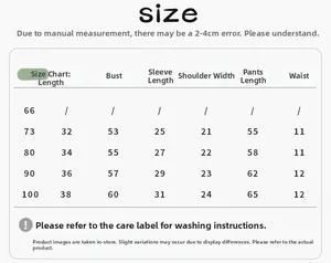 Detailed size chart for baby cotton overall set with measurements for tops and trousers