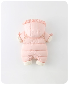 Rear view of pink padded baby winter romper with quilted design and hood ruffles