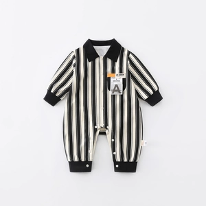 Baby cotton striped long-sleeve romper with black collar and snap button closure