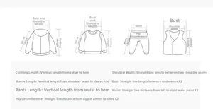 Size measurement guide for baby clothes showing length, chest, waist, and sleeve dimensions