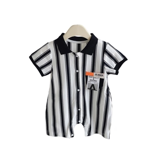 Short sleeve baby romper with black and white vertical stripes and polo collar