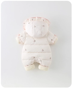 Detail of baby winter romper with floral print and warm thickened fleece lining