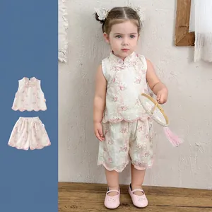 Ensemble de Vêtements d'été Style Chinois pour Bébé Fille Haut sans Manches Floral et Short Tenue Traditionnelle