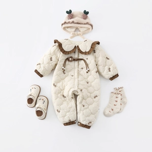 Barboteuse Matelassée d'Hiver pour Bébé Fille Combinaison Chaude à Manches Longues Col Claudine Brodé de Fleurs Body Polyester