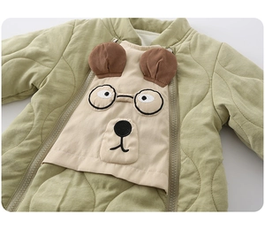 Detailed view of olive green quilted baby romper featuring cute 3D animal ear embroidery