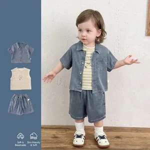 Chemise en Denim Garçons Style Coréen Gilet Rayé et Short en Denim Décontracté Respirant Tenue d'Été pour Enfants Bébé Garçons