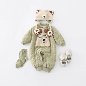 Quilted sage green baby winter romper jumpsuit with bear hat and shoes 4-piece set