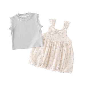 Baby girl summer floral overall dress set with light blue ribbed tank top and large bow detail