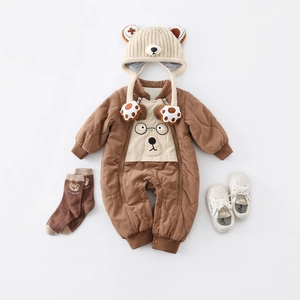 Quilted baby bear winter jumpsuit set with knit hat, socks and soft baby shoes