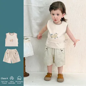 Boys Summer Cotton Sleeveless Vest And Striped Shorts Baby Toddler Clothes Korean Style Casual Outfits Animal Embroidery