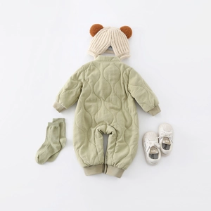 Olive green quilted baby bodysuit set with warm bear ear hat and cozy booties