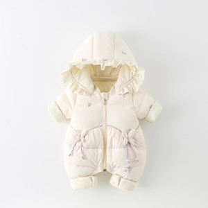 Barboteuse Matelassée d'Hiver Bébé Fille Brodée Florale Combinaison de Neige à Capuche Body Rembourré Chaud Style Coréen