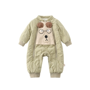 Quilted baby romper with double zippers and cute cartoon animal design in sage green