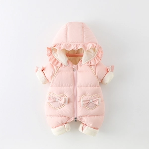 Baby Girls Winter Quilted Padded Romper Thickened Fleece Lined Hooded Jumpsuit With Heart Pockets Bowknot Polyester Snowsuit