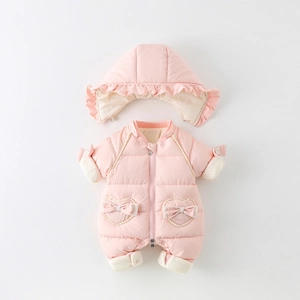 Pink fleece padded winter romper set with heart pockets and bow for baby girl