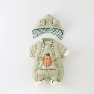 Green quilted baby snowsuit with bear ear hat and cute peanut embroidery detail