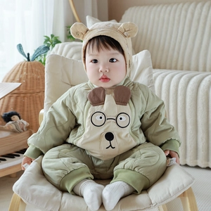 Baby Boy Autumn Winter Quilted Padded Romper With Hat Double Zipper Thickened Cartoon Bear Patchwork Infant Jumpsuit