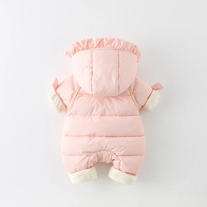 Pink hooded baby romper with ruffle details and warm fleece lining for winter wear