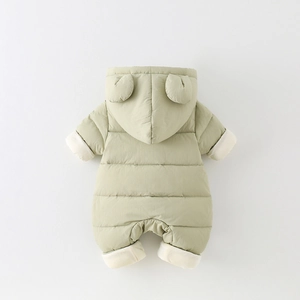 Winter padded baby romper in bean green with cute ear hood and quilted warm design