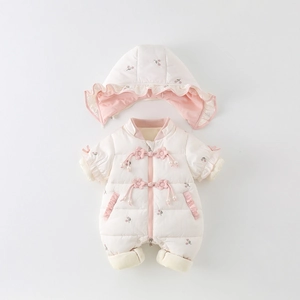 Fleece-lined baby winter romper set with floral embroidery and ruffle hood in cream