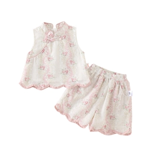 Ensemble d'été pour filles à fleurs roses de style chinois, haut sans manches et short