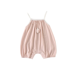 Pink cotton baby bodysuit with strawberry patch and thin straps on white background