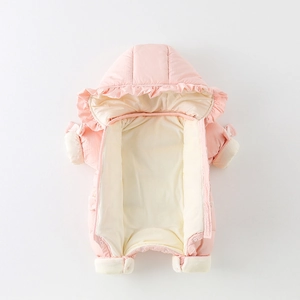 Pink quilted baby winter jumpsuit with ruffled hood and warm fleece lining
