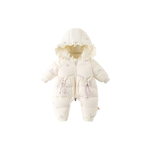 Combinaison hiver bébé blanc cassé avec broderie florale et détail de nœud mignon