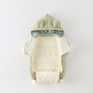 Winter light green padded baby romper with hooded animal ears and warm fleece lining
