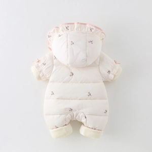 Thick warm winter baby romper with pink floral embroidery and cozy fleece lining