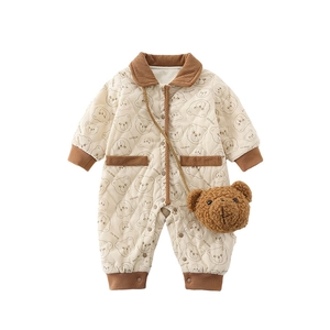 Quilted cotton baby romper with bear print and cute bear-shaped crossbody bag