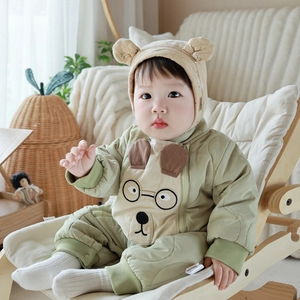 Quilted sage green baby romper set with bear ear hat and cute puppy patch for autumn