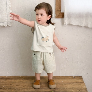 Toddler summer set with beige cartoon donkey tank top and striped shorts in breathable cotton